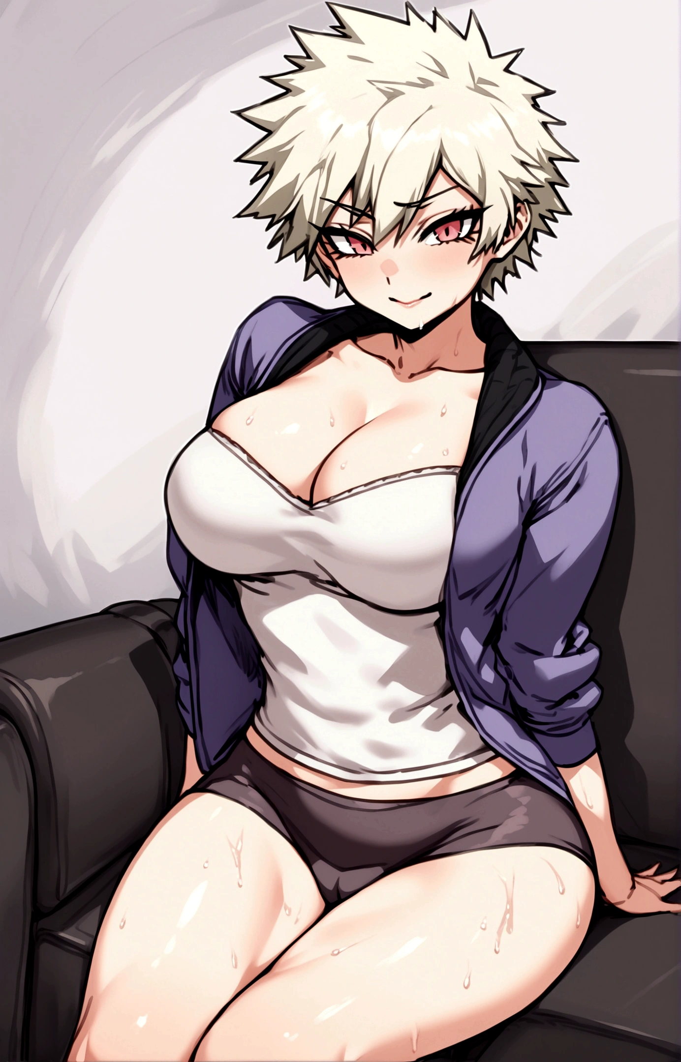 Mitsuki Bakugo,sitting on a sofa, completely naked while she spreads her legs showing her wet vagina and a lustful look