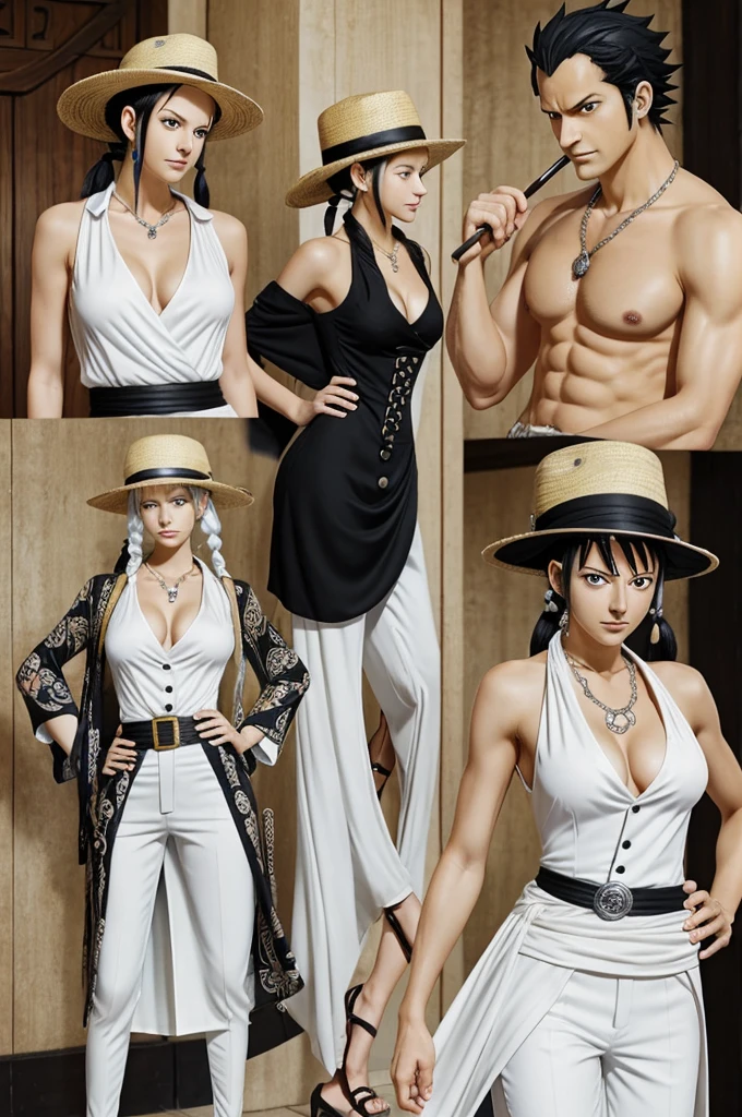 I am a man and a very tall and very pale, lean, and tower over nearly everyone. his hair is tied up in a pony tail. He retains the appearance of a man in his late twenties. I wear a white tang top with white dress pants a Fedora and white dress shoes with a silver chain and a diamond watchand earrings, and i have a p.i.m.p walking stick and black colored eyes ((In the style of One Piece Wano Anime Arc))