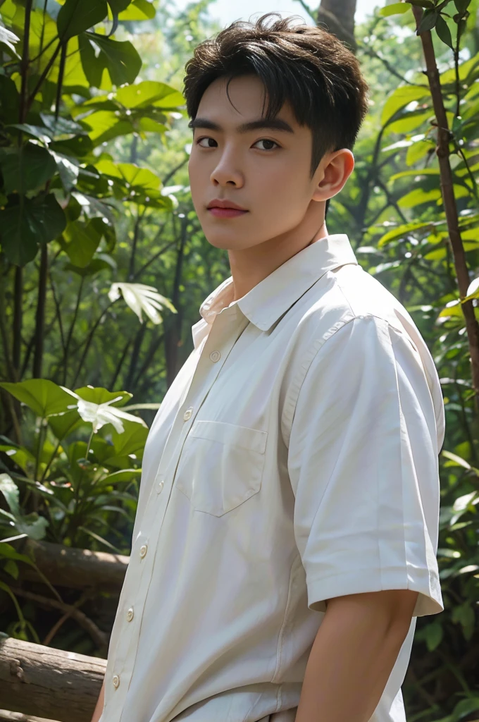 A young Asian man with large muscles looks at the camera. In a white button-down shirt , forest river sunlight looking at the sky
