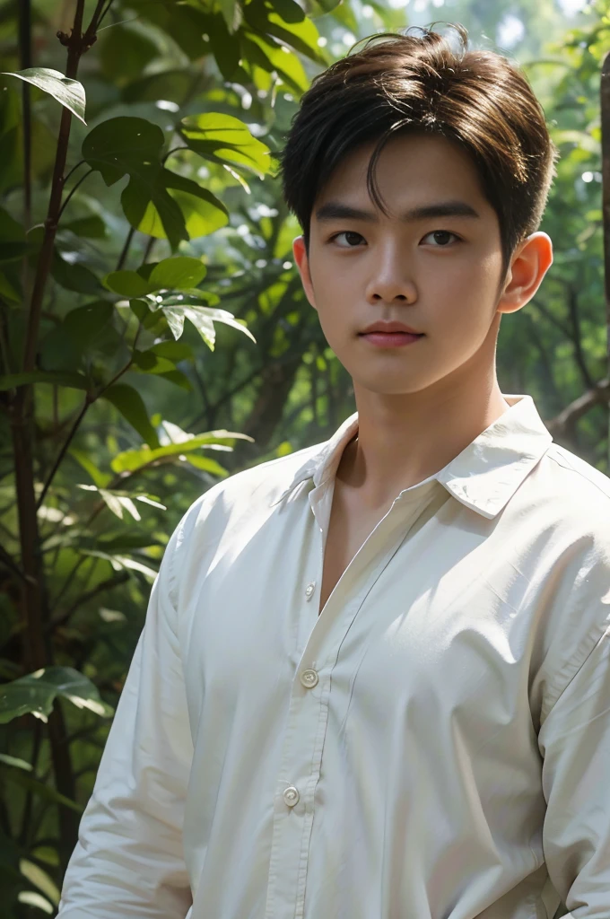 A young Asian man with large muscles looks at the camera. In a white button-down shirt , forest river sunlight looking at the sky
