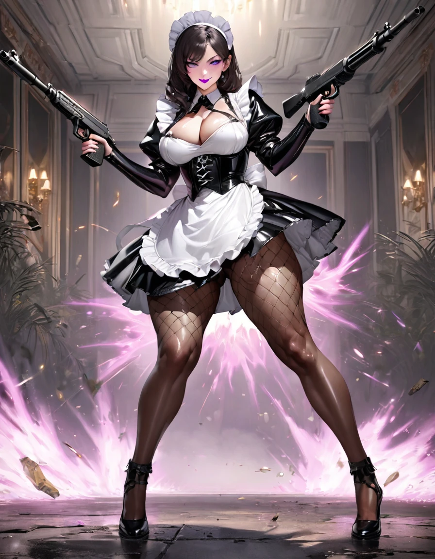 1 mature and seductive woman,(Highest quality,Extremely detailed depiction,Incredibly absurd high resolution,Anatomically accurate depiction,Two lovely hands, Five perfect fingers,Curvy Legs),(Glowing Skin,Shiny skin,Oilskin),((Maid armed with firearm)),(black and white maid outfit,Maid Skirt,corset,Fishnet tights,Automatic rifle),eyelash,(Purple Eyes,There is cleavage in the chest,Bewitching Smile,Glossy lipstick,),Sweat,(whole body),(background:Mansion),Gunfight,Firing a gun