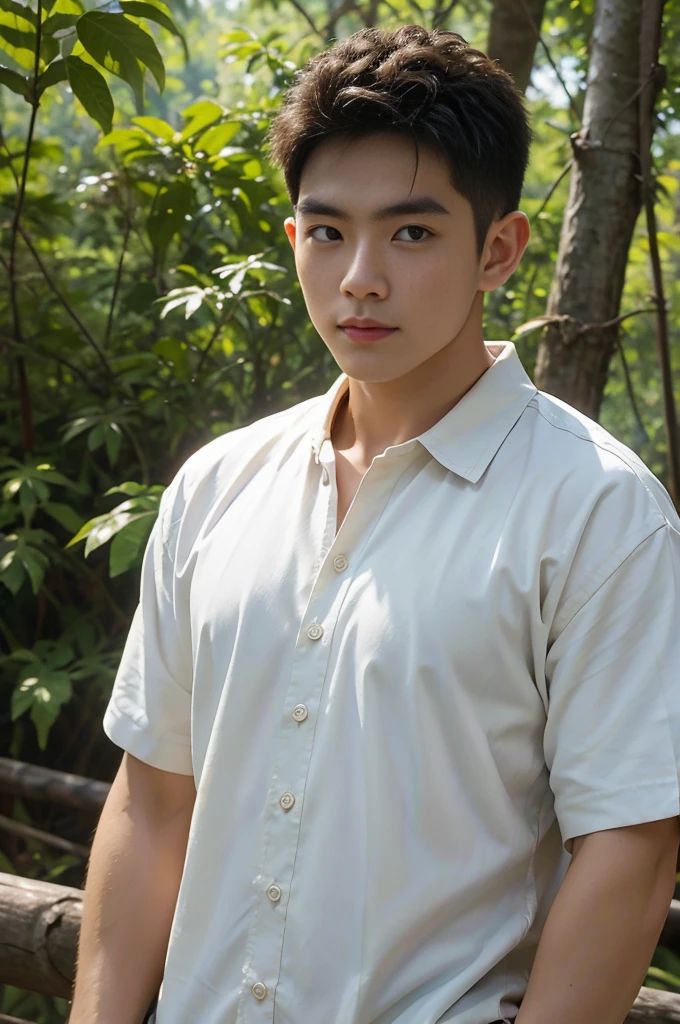 A young Asian man with large muscles looks at the camera. In a white button-down shirt , forest river sunlight looking at the sky