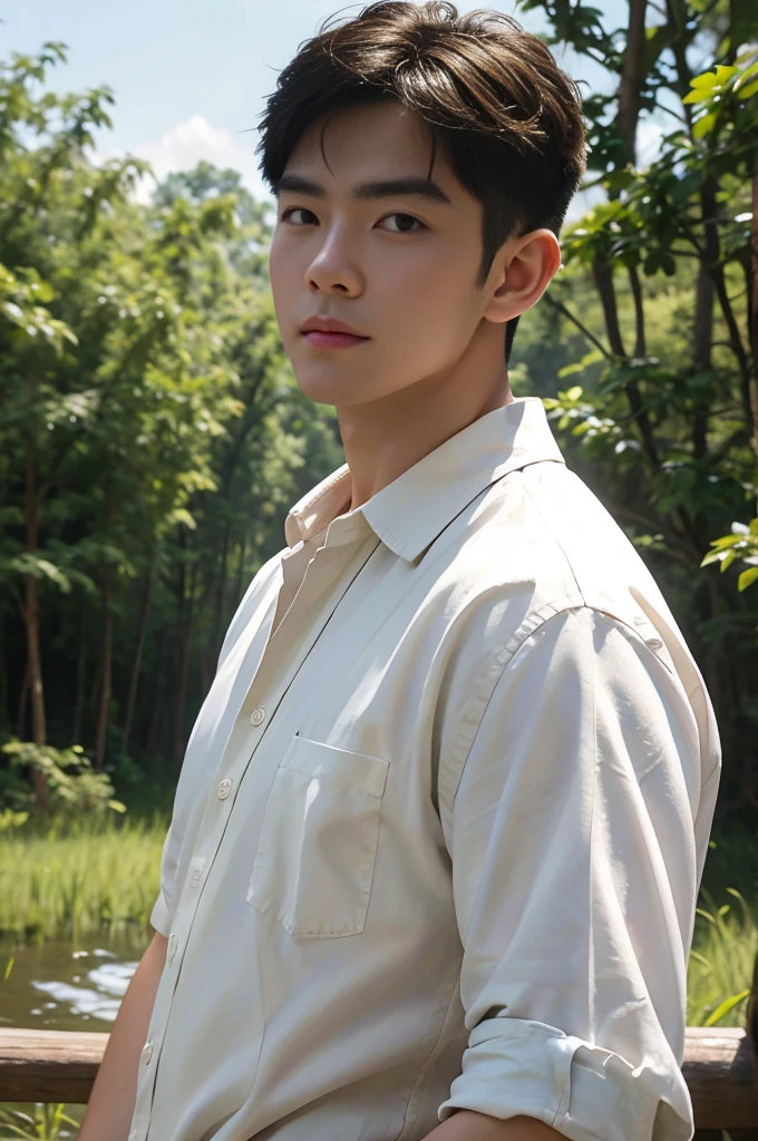 A young Asian man with large muscles looks at the camera. In a white button-down shirt , forest river sunlight looking at the sky
