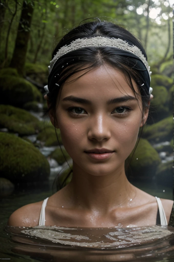 Best Quality, Masterpiece, super high resolution, A super model fucking in a hot spring in Japan., outdoor hot springs, stone hot springs, surrounded by moss and trees, super beautiful face, pure body, clear pores visible, (SMILE:0.8), using division (lace headband:1.2), (realism:1.5), Photo original, soaked body, covered in sweat, bare shoulders, in the dark, deep shadows, low key, cold light