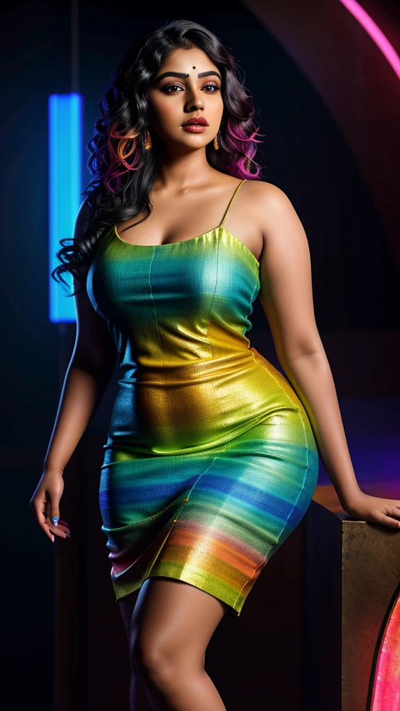 Beautiful Indian girl in 8k resolution. Full-body shot with a curvy body, high figure, and realistic textures. Detailed face with glowing skin, deep lip color, and attractive makeup. Wavy, bright hair in a new hairstyle. Wearing a colorful, stylish dress. Mysterious background.