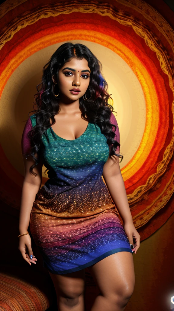 Beautiful Indian girl in 8k resolution. Full-body shot with a curvy body, high figure, and realistic textures. Detailed face with glowing skin, deep lip color, and attractive makeup. Wavy, bright hair in a new hairstyle. Wearing a colorful, stylish dress. Mysterious background.