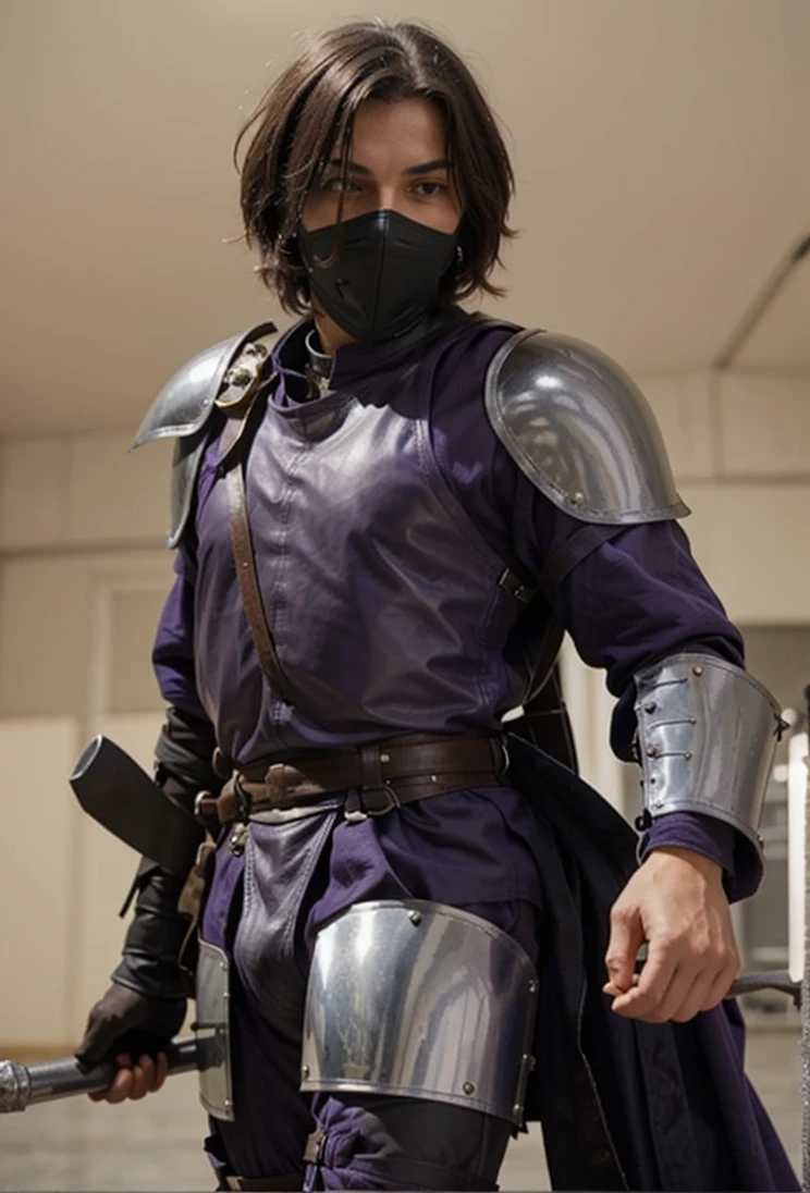 An experienced knight in purple leather and silver armor