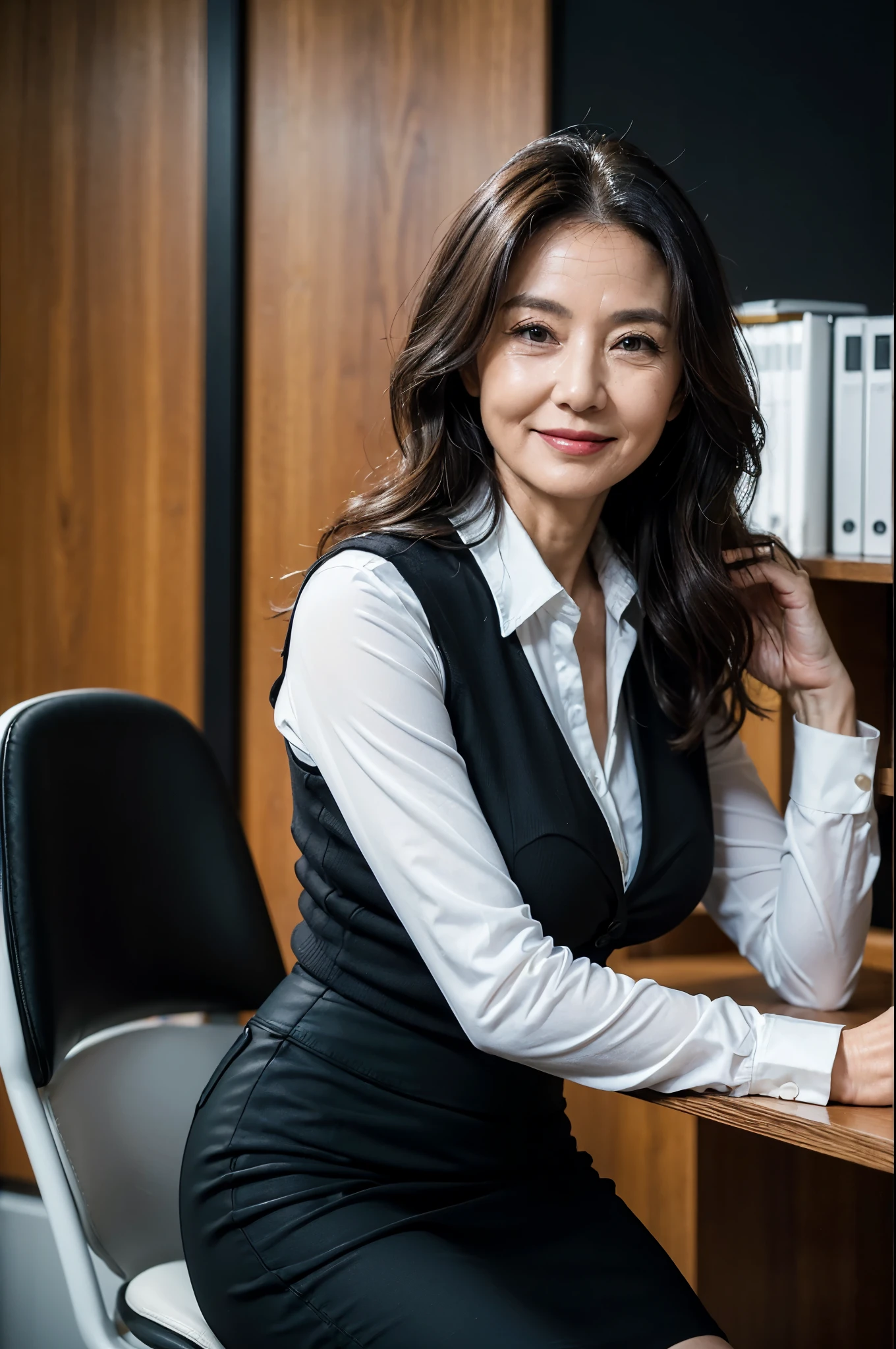 (masterpiece:1.4),(60-year-old woman:1.5),(Facial wrinkles : 1.2),A kind smile,Wavy Hair, maternal, Mature Woman, sitting, office worker, black vest, black pencil skirt, white long sleeve shirt, black nylon tights, indoor modern office, detailed backgrounds