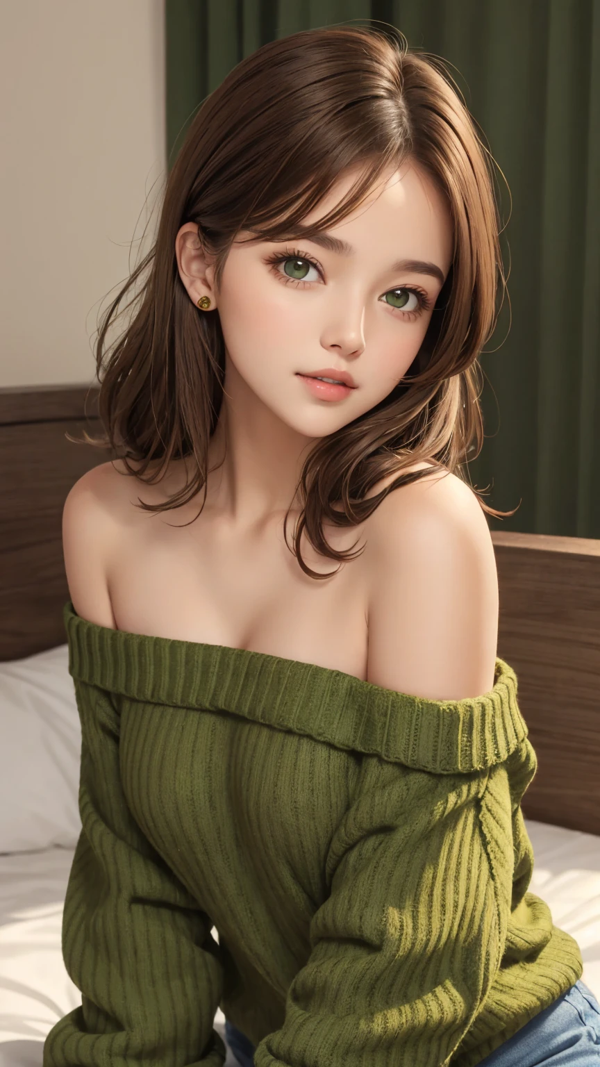 1 babe, brown hair, green sweater, off shoulder, parted lips, beautiful, cute, sexy