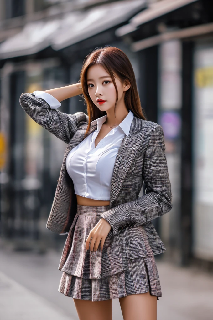 the most beautiful actress in the world, she is 18 years old, the perfect body proportions of this girl, all she cover is just the upper than her crotch, all she expose is just the lower than her crotch, this girl with her large breasts is wearing the blazer on the formal shirt, the panties under the short skirt are seen just 1cm, her bare thighs, her bare knees, her feet are out of this picture frame, her head is barely within this picture frame, only one description of this picture, at city street, standing, nsfw, best quality, highly detailed, masterpiece, ultra high res, photo realistic, 8k