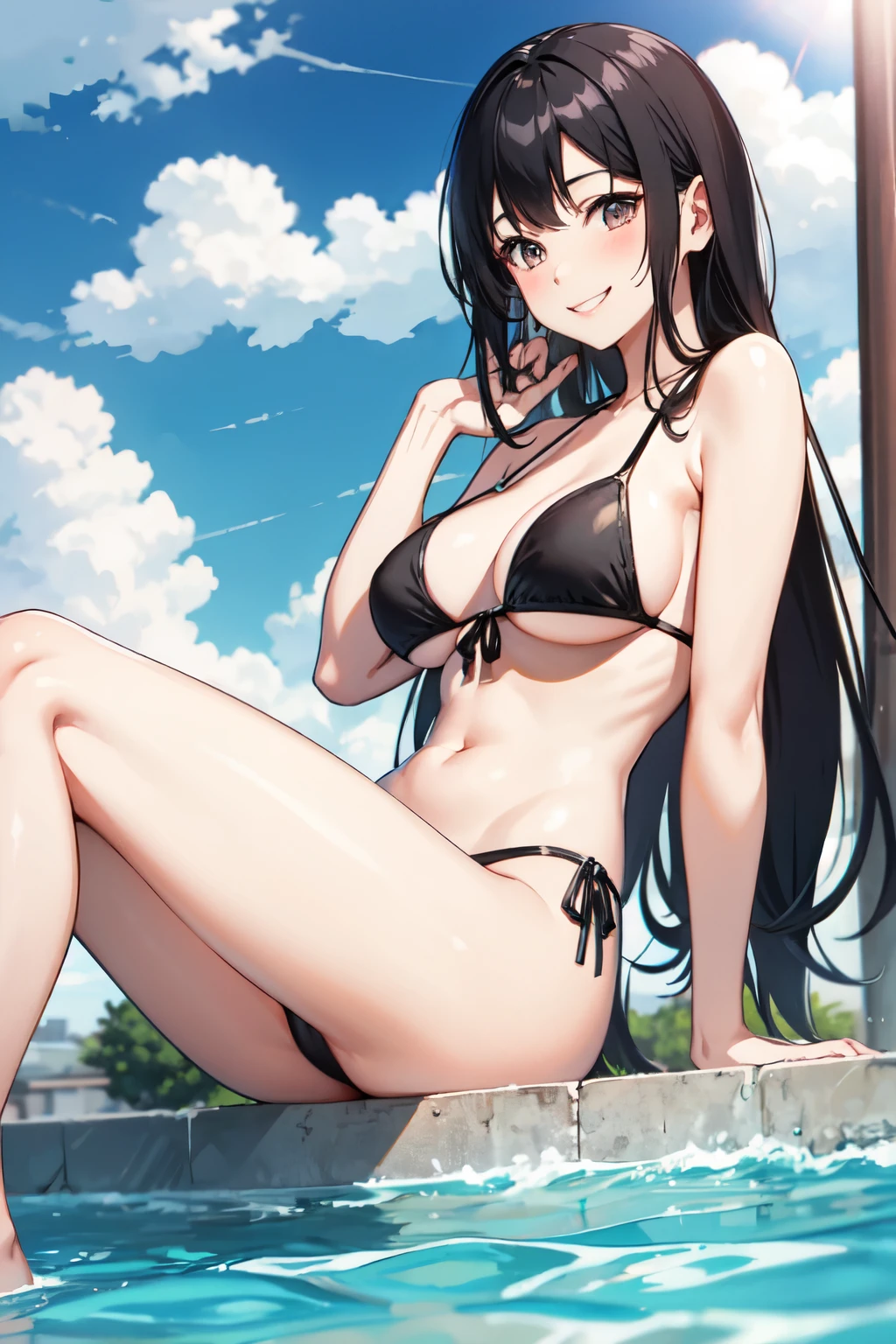 high school girl,Lewd,Black Hair,Swimwear,smile
