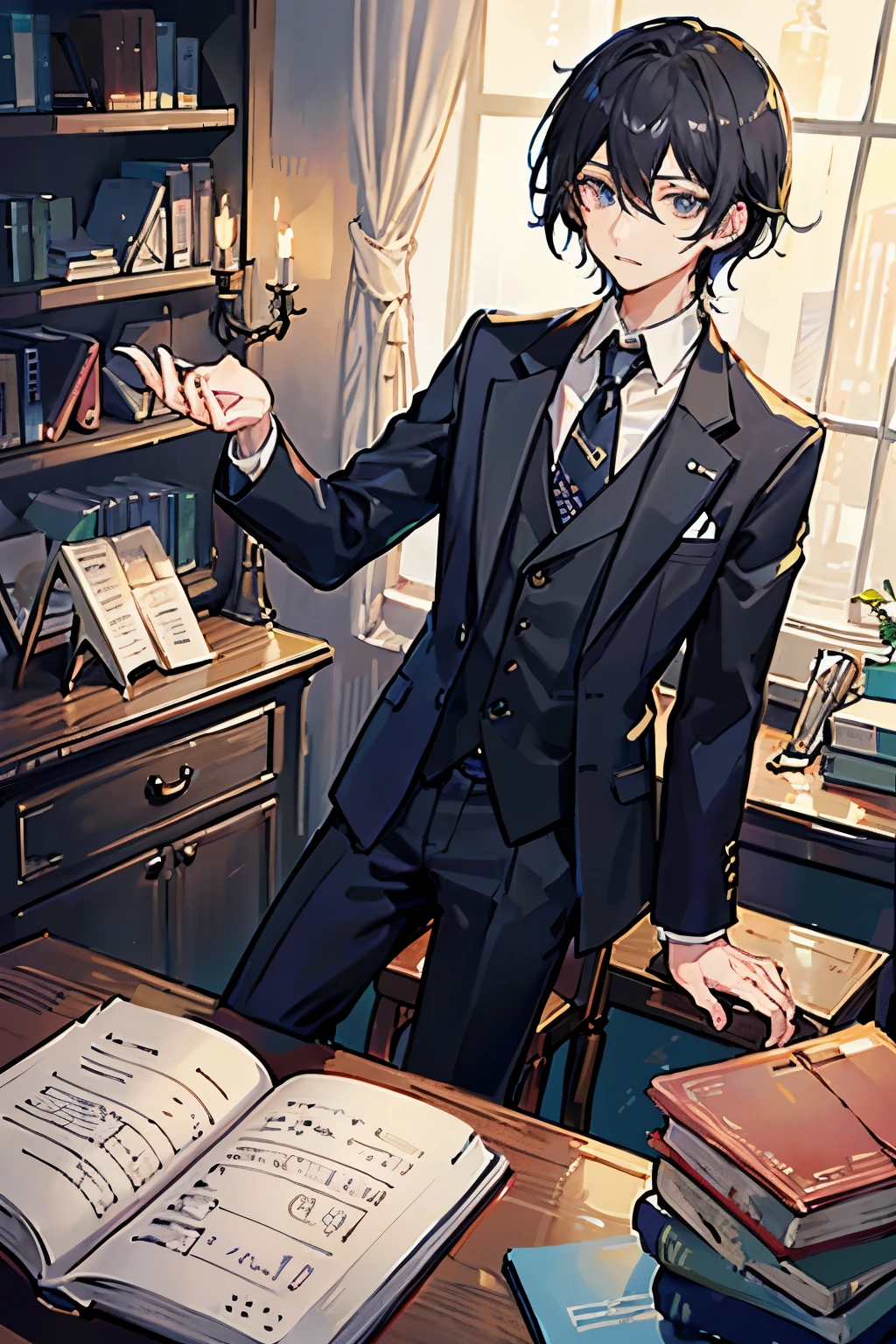 25歳くらいのmaleの人、Her waist-length black hair is tied back、Wearing a black suit、Eye color is a calm blue、The background is a room with many books、I have a book in my hand、male、male性