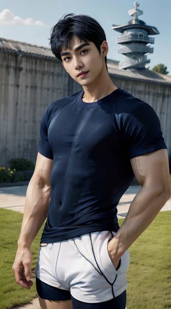 (As a matter of fact, Masterpiece, 8k HD, good light quality, sportswear, fit the face, complicated details), A handsome and muscular young Korean man., Have muscles, (Buzzcut short hair:1.5) ,(Broad shoulders:1.3), 20 years old, be happy, smile brightly, detailed face, delicate eyes, มองดูsky, (Wear a navy tight T-shirt.:1.9), period, black eyes, Black hair color, ผมsmooth, smooth, outdoor sports, Along the garden, Sunny,sky,
