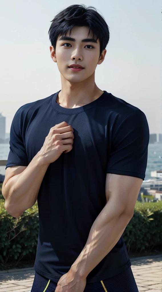 (As a matter of fact, Masterpiece, 8k HD, good light quality, sportswear, fit the face, complicated details), A handsome and muscular young Korean man., Have muscles, (Buzzcut short hair:1.5) ,(Broad shoulders:1.3), 20 years old, be happy, smile brightly, detailed face, delicate eyes, มองดูsky, (Wear a navy tight T-shirt.:1.9), period, black eyes, Black hair color, ผมsmooth, smooth, outdoor sports, Along the garden, Sunny,sky,
