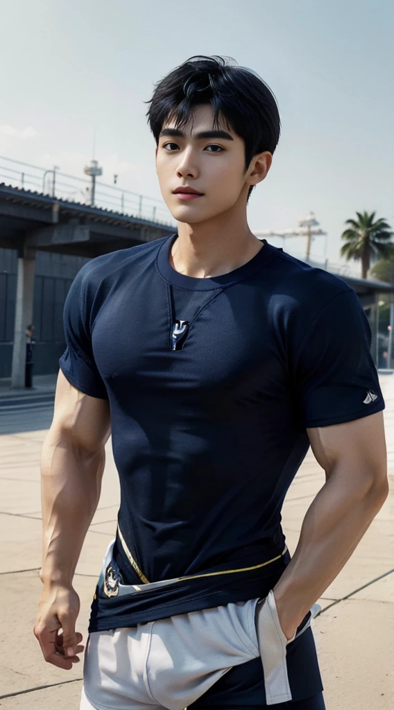 (As a matter of fact, Masterpiece, 8k HD, good light quality, sportswear, fit the face, complicated details), A handsome and muscular young Korean man., Have muscles, (Buzzcut short hair:1.5) ,(Broad shoulders:1.3), 20 years old, be happy, smile brightly, detailed face, delicate eyes, มองดูsky, (Wear a navy tight T-shirt.:1.9), period, black eyes, Black hair color, ผมsmooth, smooth, outdoor sports, Along the garden, Sunny,sky,