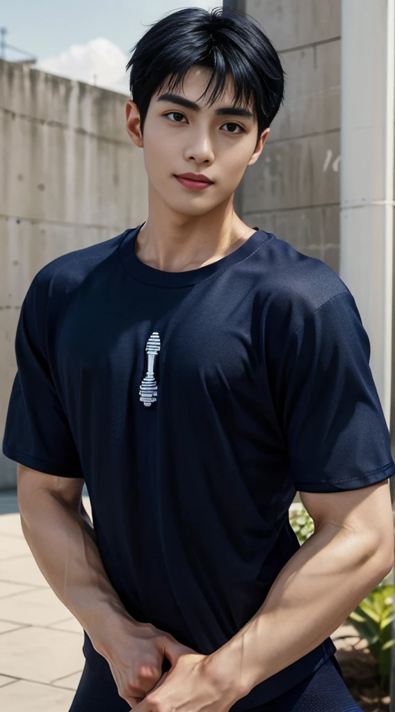 (As a matter of fact, Masterpiece, 8k HD, good light quality, sportswear, fit the face, complicated details), A handsome and muscular young Korean man., Have muscles, (Buzzcut short hair:1.5) ,(Broad shoulders:1.3), 20 years old, be happy, smile brightly, detailed face, delicate eyes, มองดูsky, (Wear a navy tight T-shirt.:1.9), period, black eyes, Black hair color, ผมsmooth, smooth, outdoor sports, Along the garden, Sunny,sky,