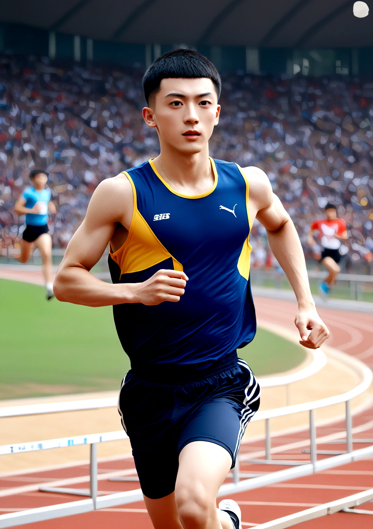 Chinese boys，18 years old，Athlete，Buzz cut，short hair，Single eyelid，whole body，Wear sportswear，Running on the track，