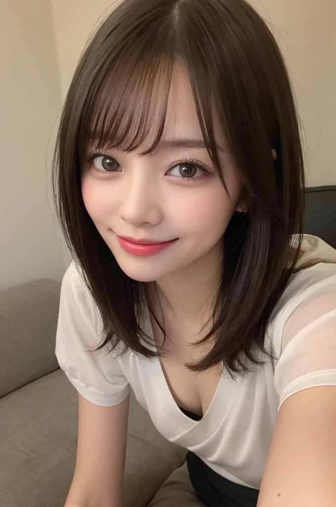 Selfie、Light clothing、Laughing、sofa、Lying down、Very short hair、short、ベリーshortカット、Highest quality, figure, Super detailed, In detail, High resolution, 8k wallpaper, Perfect dynamic composition, Beautiful attention to detail, dress,Medium Hair, Small breasts、Natural color lip, Random sexy poses,smile,24-years-old
