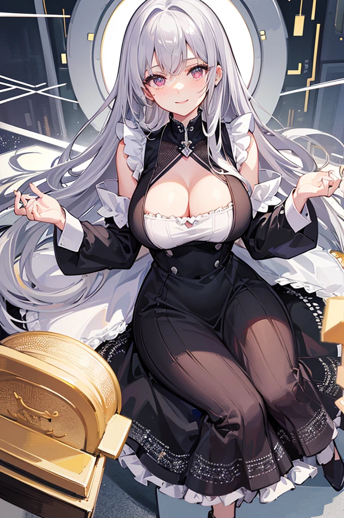 Highest quality, shape, Very detailed, In detail, High resolution, 8k wallpaper, Perfect dynamic composition, Beautiful details, Center of chest, Natural color lip, Random sexy poses,smile,20-year-old girl,Huge , A woman with long, straight silver hair wearing a black and white striped dress and a red apron