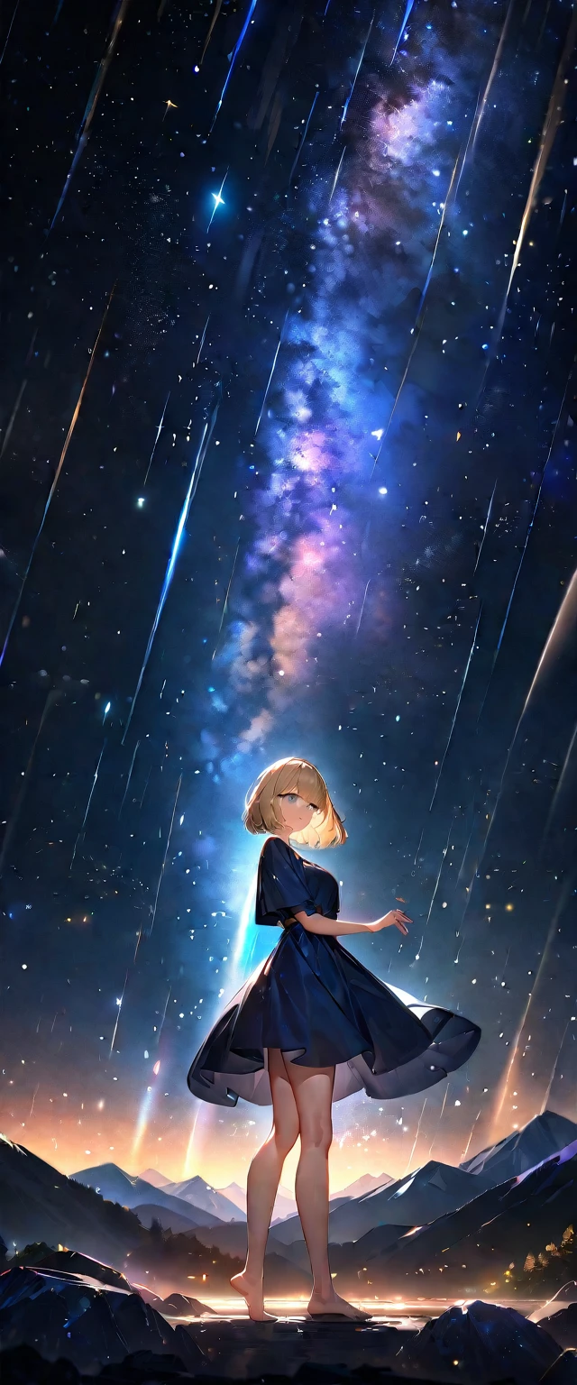 (((A meteor shower dancing in the night sky, countless stars twinkling in the clear air, a beautiful starry sky, the Milky Way shining beautifully in the night))), mountain, wide shot, back shot, a girl, bob cut, bare legs, bare foot, blond hair, (best quality, 4K, 8K, highres, masterpiece:1.2, ultra-detailed, HDR, uhd, studio lighting, ultra-fine painting, sharp focus, physically-based rendering, extreme detail description, professional, vivid colors, bokeh)