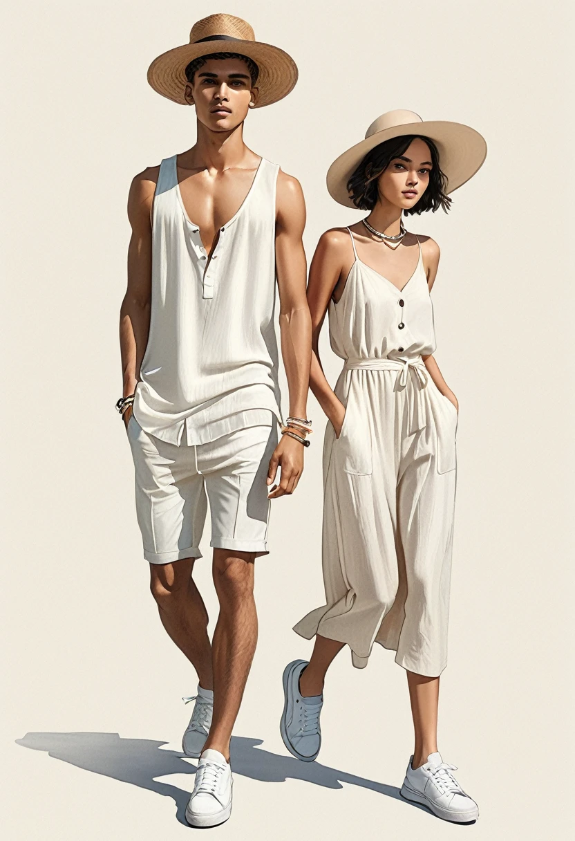 candid fashion illustration of young Mixed race man and woman, both aged 22 year old, ((showcase fashion look book in a off-White outfits)), inspired by Saint Laurent Summer collection in elegant young bohemian style. The man wears an oversized short-sleeved bowling white shirt with a pocket details, paired with Regular-fit shorts in airy linen with covered and a concealed drawstring at the waist, a fake fly, side pockets and welt back pockets. Fabric made from linen is breathable, beautiful both ironed and wrinkled, He completes his look with white sneakers, round sunglasses and bracelet. The woman complements him in a white Ankle-length dress, Calf-length, sleeveless dress in woven fabric featuring a round, frill-trimmed neckline and a keyhole opening with minimal detail, Her ensemble includes an accessorizes with a wide-brimmed straw hat, white sneakers, Captured in a dynamic angle, ((full-body image)), ((pastel color background)), sketching, realistic pencil lines, imperfect drawing, fading sketch, fashion look book, fashion illustrator, sketch design,