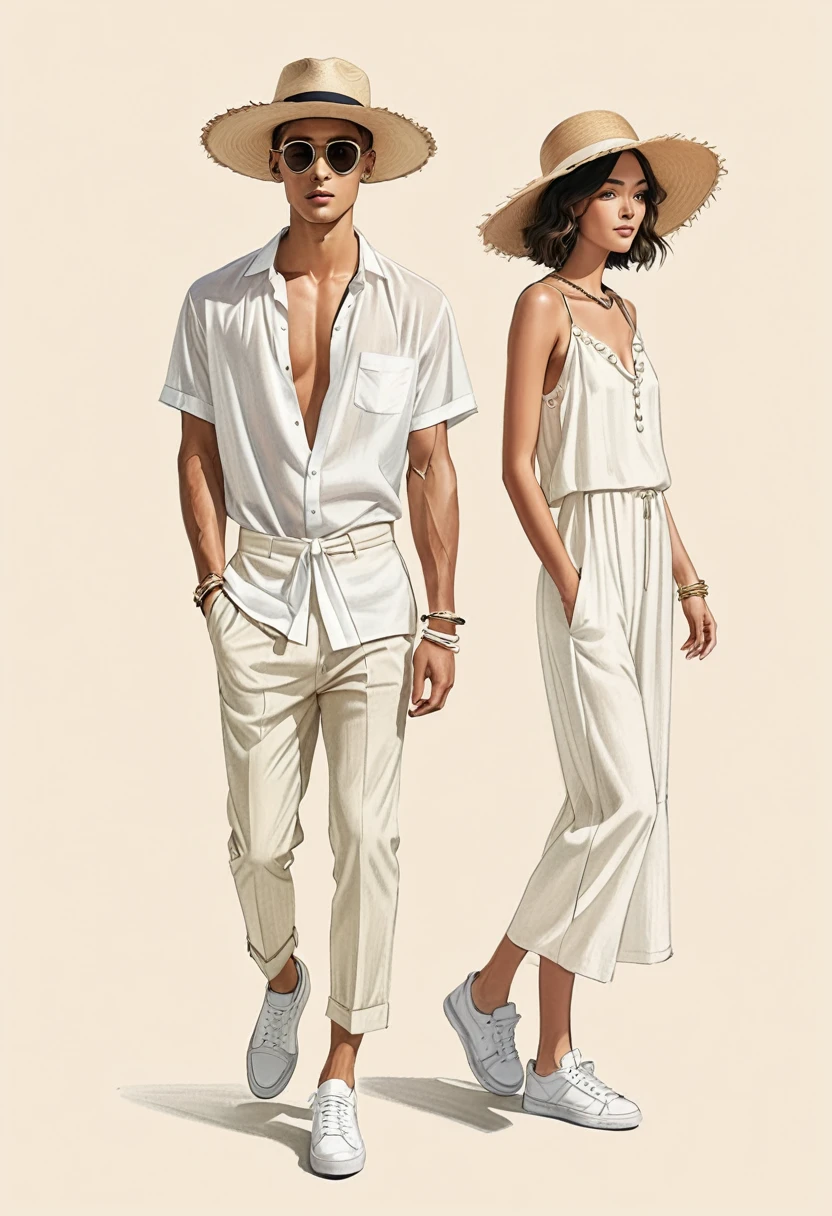 candid fashion illustration of young Mixed race man and woman, both aged 22 year old, ((showcase fashion look book in a off-White outfits)), inspired by Saint Laurent Summer collection in elegant young bohemian style. The man wears an oversized short-sleeved bowling white shirt with a pocket details, paired with Regular-fit shorts in airy linen with covered and a concealed drawstring at the waist, a fake fly, side pockets and welt back pockets. Fabric made from linen is breathable, beautiful both ironed and wrinkled, He completes his look with white sneakers, round sunglasses and bracelet. The woman complements him in a white Ankle-length dress, Calf-length, sleeveless dress in woven fabric featuring a round, frill-trimmed neckline and a keyhole opening with minimal detail, Her ensemble includes an accessorizes with a wide-brimmed straw hat, white sneakers, Captured in a dynamic angle, ((full-body image)), ((pastel color background)), sketching, realistic pencil lines, imperfect drawing, fading sketch, fashion look book, fashion illustrator, sketch design,