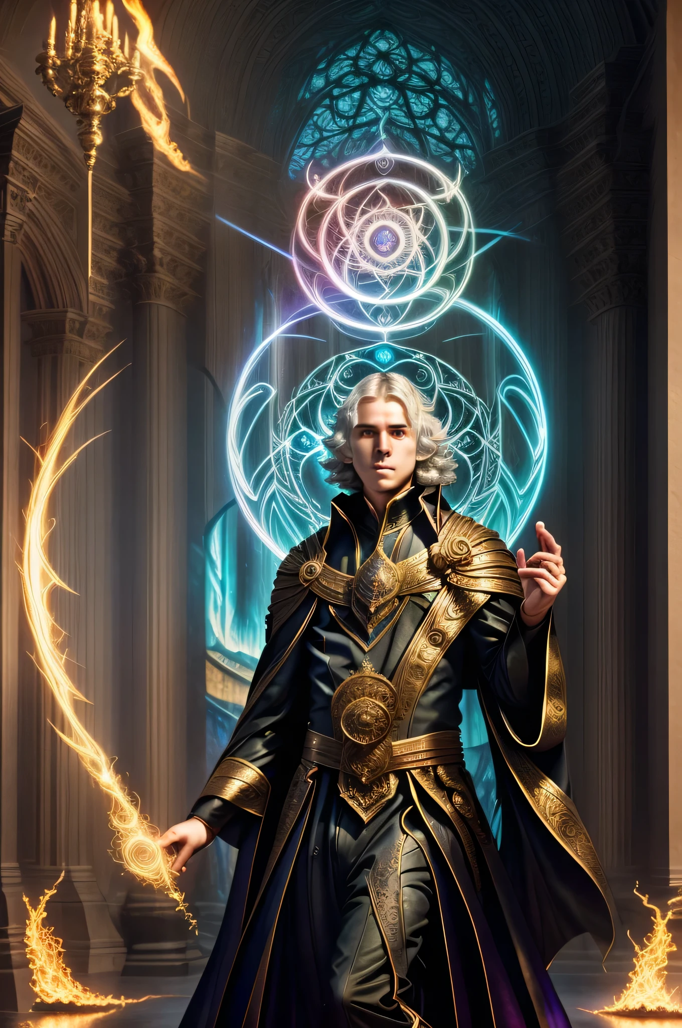 An enchanting image of a boy casting a magic spell, has Five fingers, white hair floating in the air, with the magic circle visible while casting, facing towards the viewer, glowing with powerful aura of fire with read color color scheme, shows the magic caster eyes with etheral light, a mist in his background, with a beautiful scene in the background, cinematic lighting, dramatic lighting, super detailed, hyper detail, black cloak, royal prince, detailed magic circles
