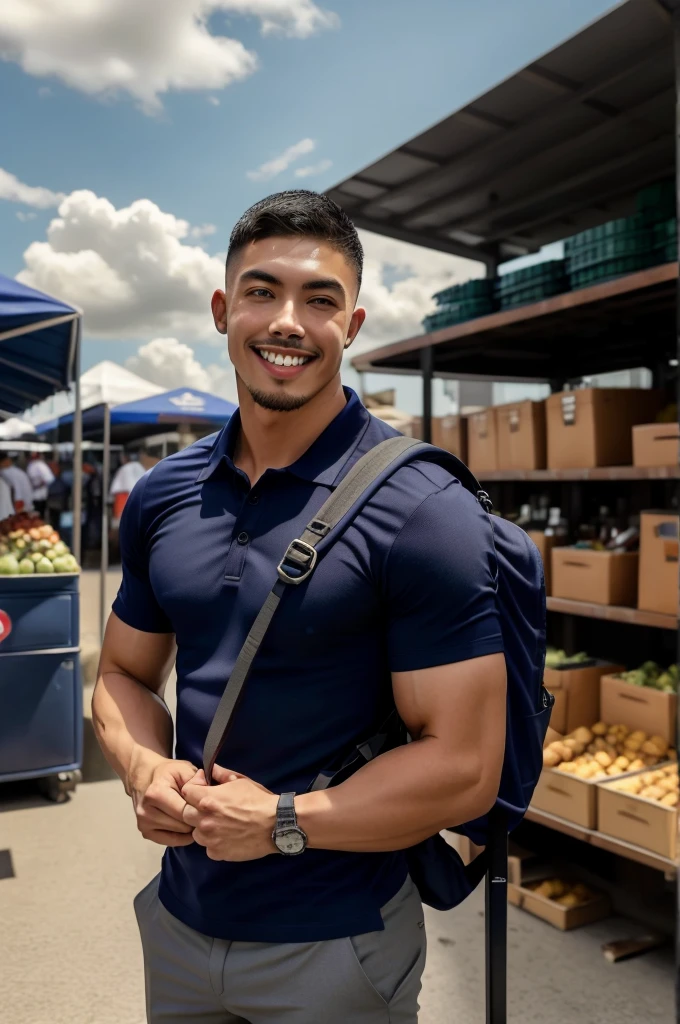 Tony Labrusca, Young man in a navy blue polo shirt Standing at the edge of the market with a smile on his face, looking into the distance Turn your head slightly.,Cloudy day, (Backpack:1.2)
