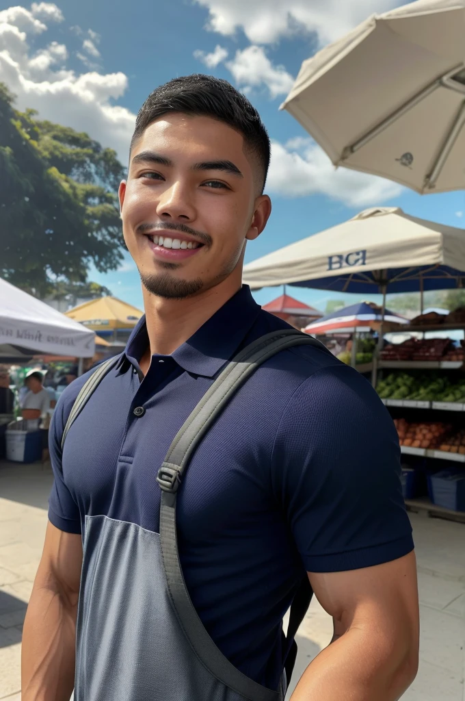 Tony Labrusca, Young man in a navy blue polo shirt Standing at the edge of the market with a smile on his face, looking into the distance Turn your head slightly.,Cloudy day, (Backpack:1.2)