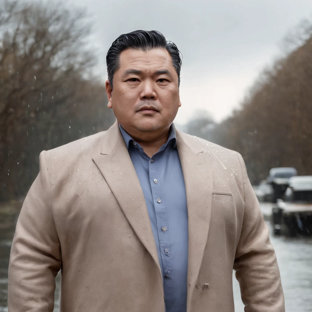 Professional photo, sharp 4K, beautiful light, Man 50 years old, Fat, Chubby, Asian man, no shirt, wearing a coat, wet from the rain.
