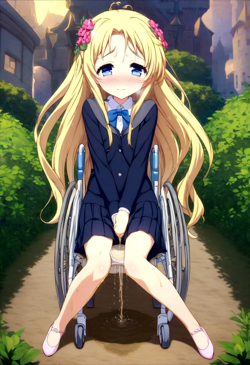 Anime. 1 girl. Baby. Princess. Blonde. Long hair. Blue eyes. Beautiful eyes. Perfect eyes. Expressive eyes. Eyes covered with a faded film. Blind eyes. Blind. Ideal face. Ideal anatomical body. Beautiful long legs. Beautiful body. Beautiful nose. ************. Embarrassment. Blush. Beautiful character design. Shiny skin. Light white dress. Shoes. Hair decorations. Disabled person. Paralytic. Sitting. Wheelchair. Hands on crotch. Urinary incontinence. Wants to pee. She needs to pee. She has a strong, desperate urge to pee. He squeezes his crotch tightly. Rubs copper. Slight lean forward. She peed herself. Fantasy city. A park. Date. He takes off his wet panties. Tears in my eyes. Cry. Snot flows from the nose. Full body. nsfw. Official art. Extremely detailed CG Unity 8k wallpaper. Ideal lighting. Ultra high resolution 4K. Super detailed 8K. A high resolution.