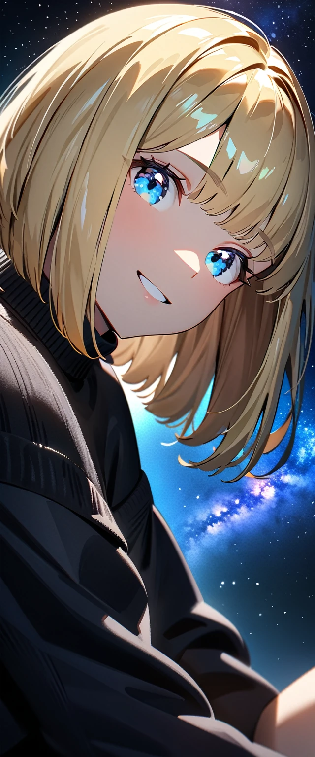 (()), (((focus on face))), ((extreme close up face)), (((a beautiful starry sky, the Milky Way shining beautifully in the night))), ((Aran sweater)), ((((from side)))), ((sitting on the very high cliff)), wavy hair, inward curled hair, sea, ((blond hair, bob cut:1.3)), breasts, teenager, (looking at viewer), oversized clothes, puffy long sleeves, ((off-shoulder sweater:1.3, Quite thick shoulder straps)), ((black sweater)), collarbone, head tilt:1.3, (((blue eyes))), happy smile, (((anime style))), (best quality, 4K, 8K, highres, masterpiece:1.2, ultra-detailed, ultra-detailed eyes, HDR, uhd, studio lighting, ultra-fine painting, sharp focus, physically-based rendering, extreme detail description, professional, vivid colors, bokeh)