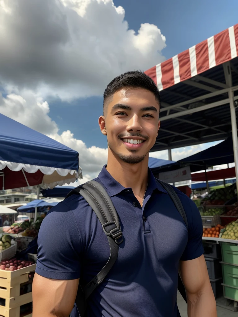 Tony Labrusca, Young man in a navy blue polo shirt Standing at the edge of the market with a smile on his face, looking into the distance Turn your head slightly.,Cloudy day, (Backpack:1.2)