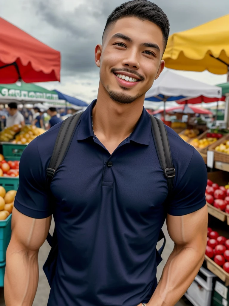 Tony Labrusca, Young man in a navy blue polo shirt Standing at the edge of the market with a smile on his face, looking into the distance Turn your head slightly.,Cloudy day, (Backpack:1.2)