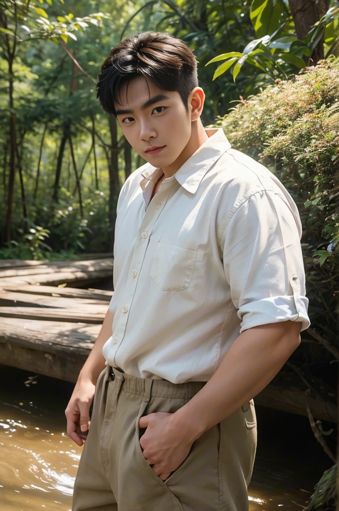 A young Asian man with large muscles looks at the camera. In a white button-down shirt , forest river sunlight looking at the sky
