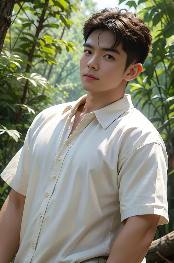 A young Asian man with large muscles looks at the camera. In a white button-down shirt , forest river sunlight looking at the sky