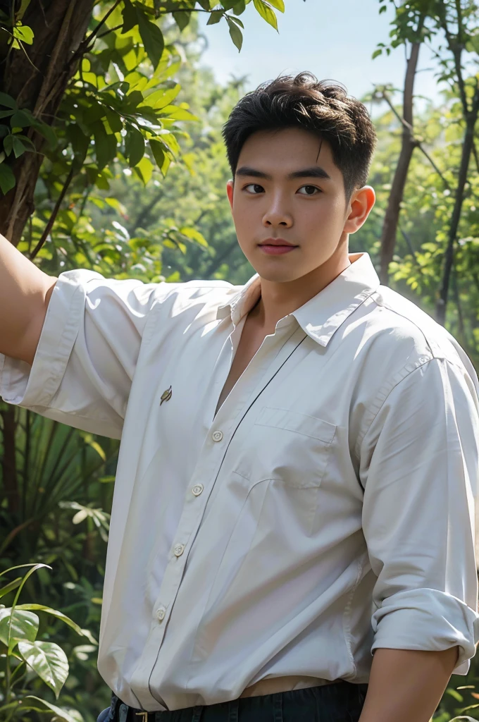 A young Asian man with large muscles looks at the camera. In a white button-down shirt , forest river sunlight looking at the sky