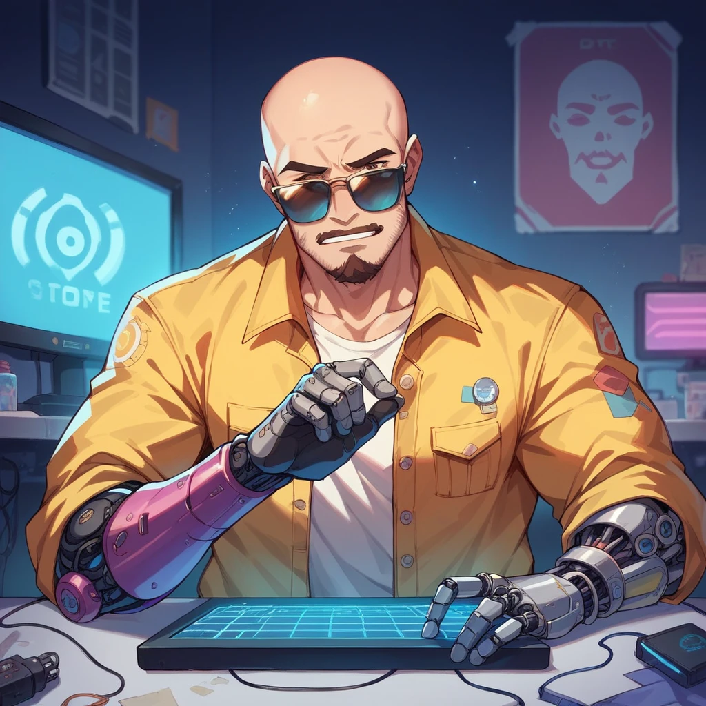 A bald guy with a short and stylish brown beard, athletic body, wearing yellow jacket with blue neon, sunglasses, robotic arm implants, connected ends, in his bedroom, using a computer to hack, sci fi environment, night-time, POV view
