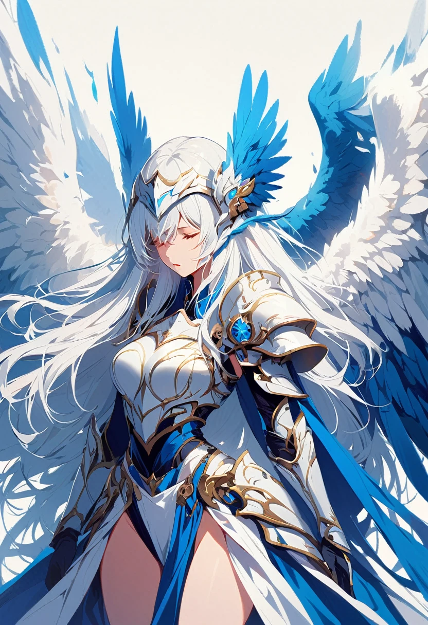 1girl angel angel_wings armor feathers_Long wing feathers_Hair Shoulder Armor Shoulder_Armor single piece_Upper wing separation_The body is white_Theme blue_Wings Wings