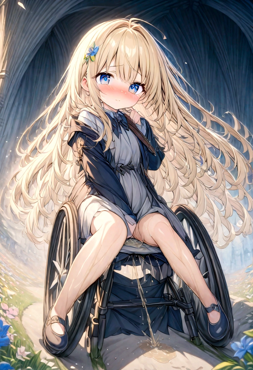 Anime. 1 girl. Baby. Princess. Blonde. Long hair. Blue eyes. Beautiful eyes. Perfect eyes. Expressive eyes. Eyes covered with a faded film. Blind eyes. Blind. Ideal face. Ideal anatomical body. Beautiful long legs. Beautiful body. Beautiful nose. 12 years old. Embarrassment. Blush. Beautiful character design. Shiny skin. Light white dress. Shoes. Hair decorations. Disabled person. Paralytic. Sitting. Wheelchair. Hands on crotch. Urinary incontinence. Wants to pee. She needs to pee. She has a strong, desperate urge to pee. He squeezes his crotch tightly. Rubs copper. Slight lean forward. She peed herself. Fantasy city. A park. Date. He takes off his wet panties. Tears in my eyes. Cry. Snot flows from the nose. Full body. nsfw. Official art. Extremely detailed CG Unity 8k wallpaper. Ideal lighting. Ultra high resolution 4K. Super detailed 8K. A high resolution.