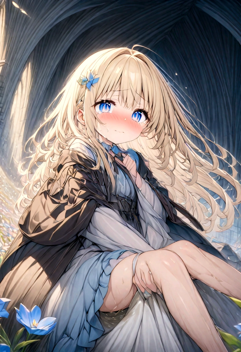 Anime. 1 girl. Young woman. Elf. Slave. Pregnant. Barren pregnancy. Slave collar. Shackles. Dirty tunic. Torn tunic. Blonde. Long hair. Green eyes. Beautiful eyes. Pointy ears. Cold. Runny nose. Sneeze. Sneezes. Snot flows from the nose. Covers his nose with his hands. Snot runs from the nose to the palms after sneezing. Standing. Full body.