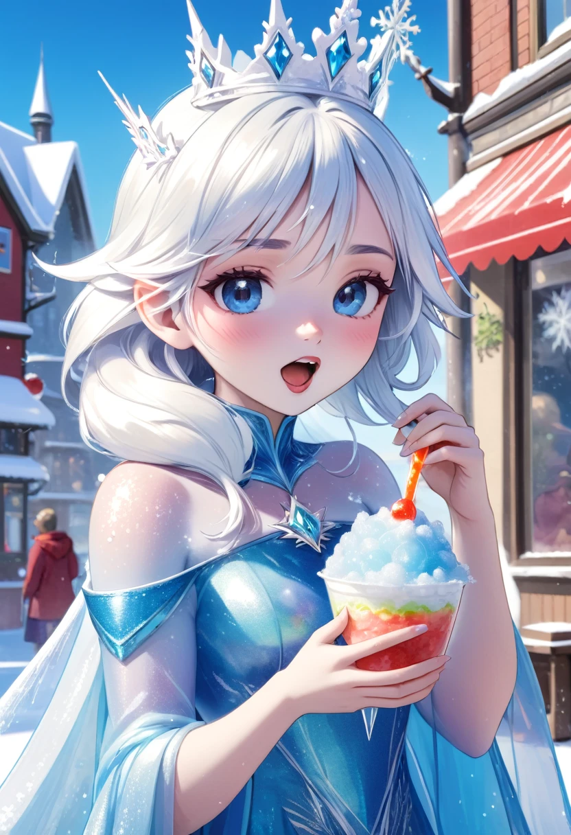 A miraculous, transparent snow queen eating shaved ice
