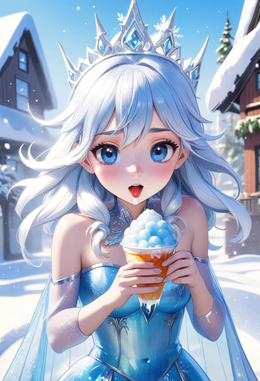 A miraculous, transparent snow queen eating shaved ice