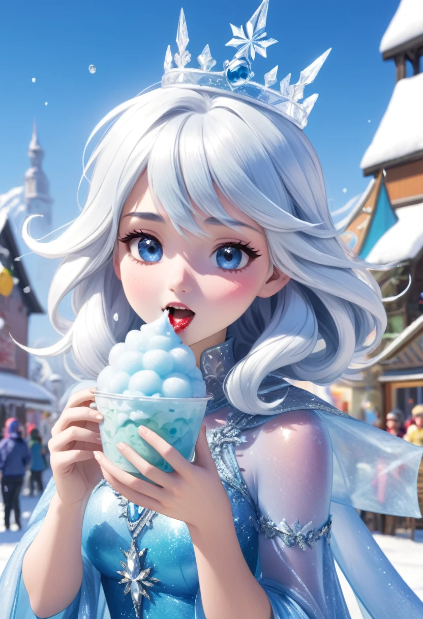 A miraculous, transparent snow queen eating shaved ice