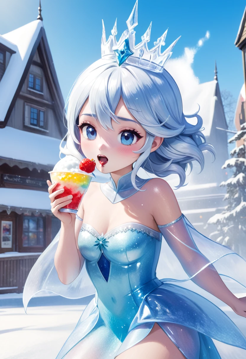 A miraculous, transparent snow queen eating shaved ice