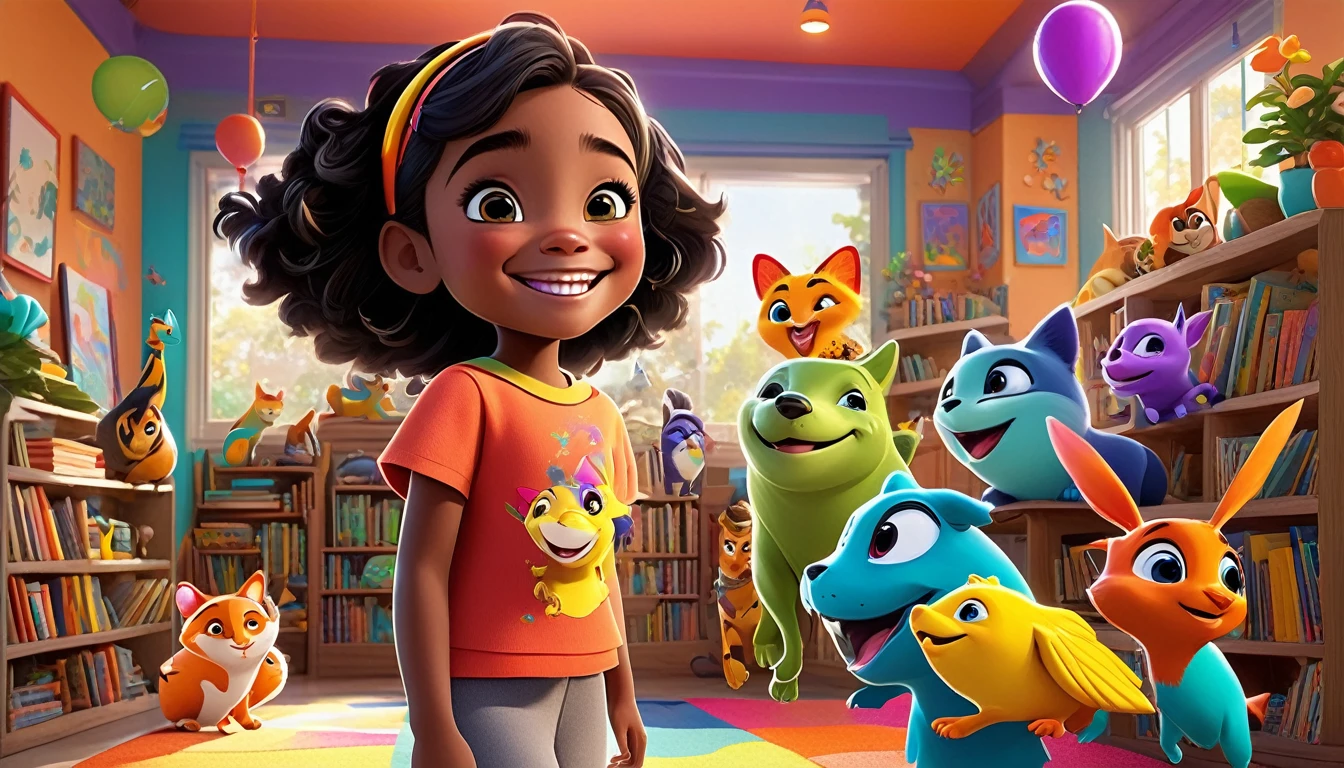 A colorful, animated scene in a 3-D Pixar style featuring a cheerful Black named Arya, welcoming viewers to her happy place. Arya is standing in a vibrant, fun-filled space with bright colors, playful animals, smiling children, and various learning elements like books, shapes, and nature around her. The atmosphere is joyful and inviting, with big smiles and an overall sense of excitement and happiness.
