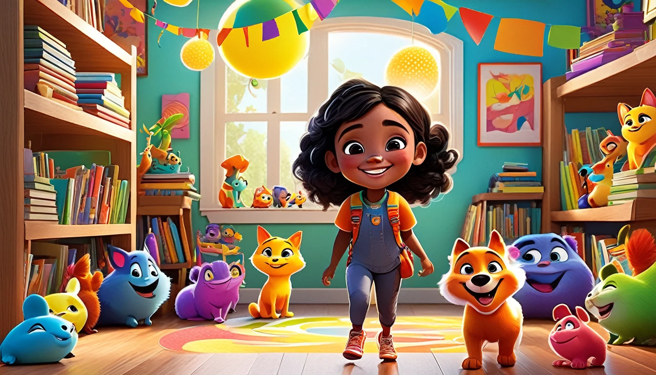 A colorful, animated scene in a 3-D Pixar style featuring a cheerful Black  named Arya, welcoming viewers to her happy place. Arya is standing in a vibrant, fun-filled space with bright colors, playful animals, smiling children, and various learning elements like books, shapes, and nature around her. The atmosphere is joyful and inviting, with big smiles and an overall sense of excitement and happiness.