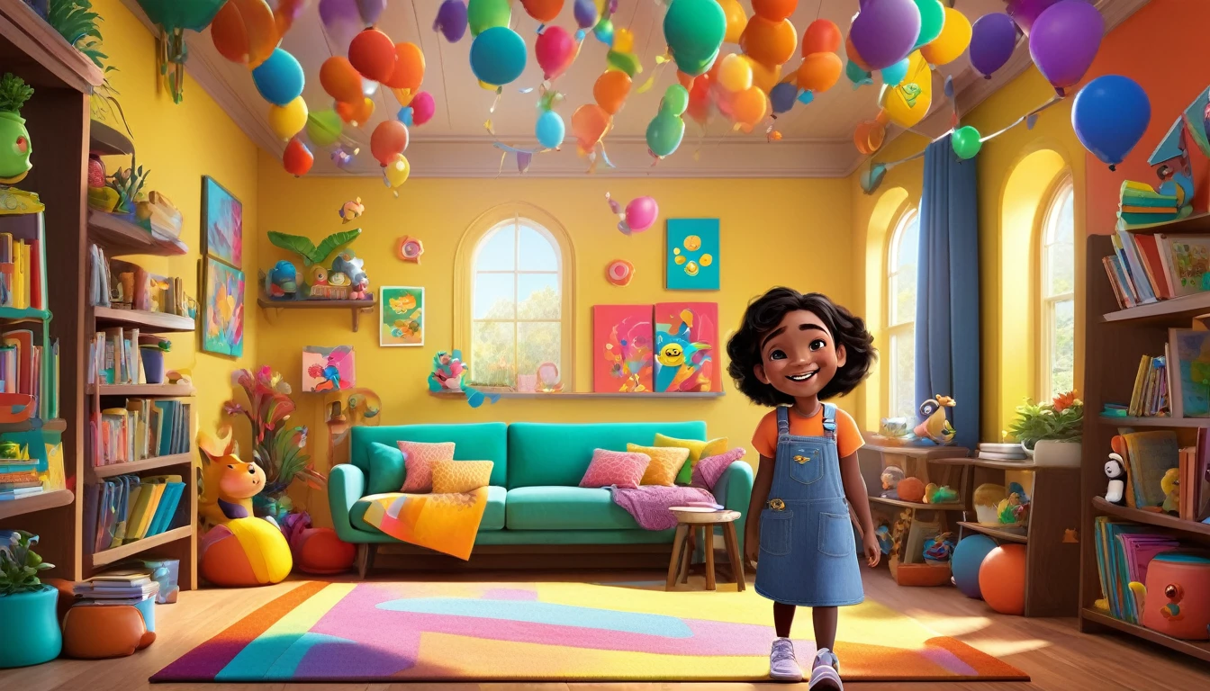 A colorful, animated scene in a 3-D Pixar style featuring a cheerful Black  named Arya, welcoming viewers to her happy place. Arya is standing in a vibrant, fun-filled space with bright colors, playful animals, smiling children, and various learning elements like books, shapes, and nature around her. The atmosphere is joyful and inviting, with big smiles and an overall sense of excitement and happiness.