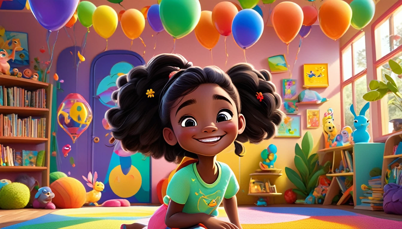 A colorful, animated scene in a 3-D Pixar style featuring a cheerful Black named Arya, welcoming viewers to her happy place. Arya is standing in a vibrant, fun-filled space with bright colors, playful animals, smiling ren, and various learning elements like books, shapes, and nature around her. The atmosphere is joyful and inviting, with big smiles and an overall sense of excitement and happiness.