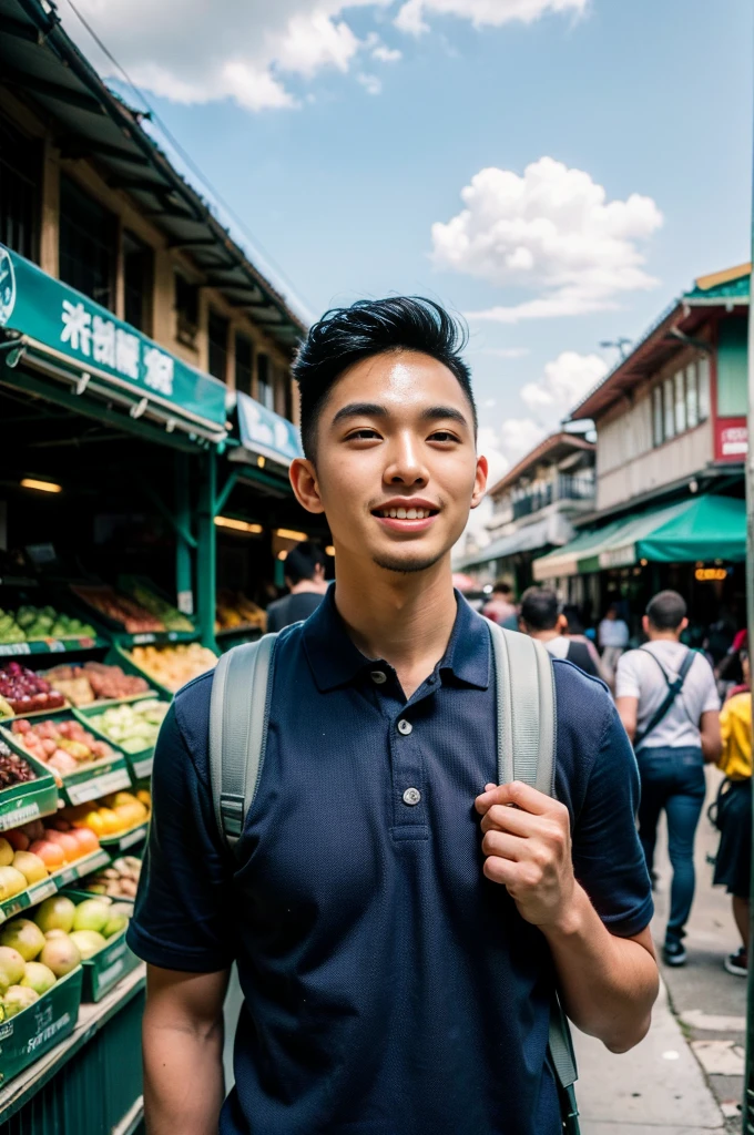 Tony Labrusca, Young man in a navy blue polo shirt Standing at the edge of the market with a smile on his face, looking into the distance Turn your head slightly.,Cloudy day, (Backpack:1.2)